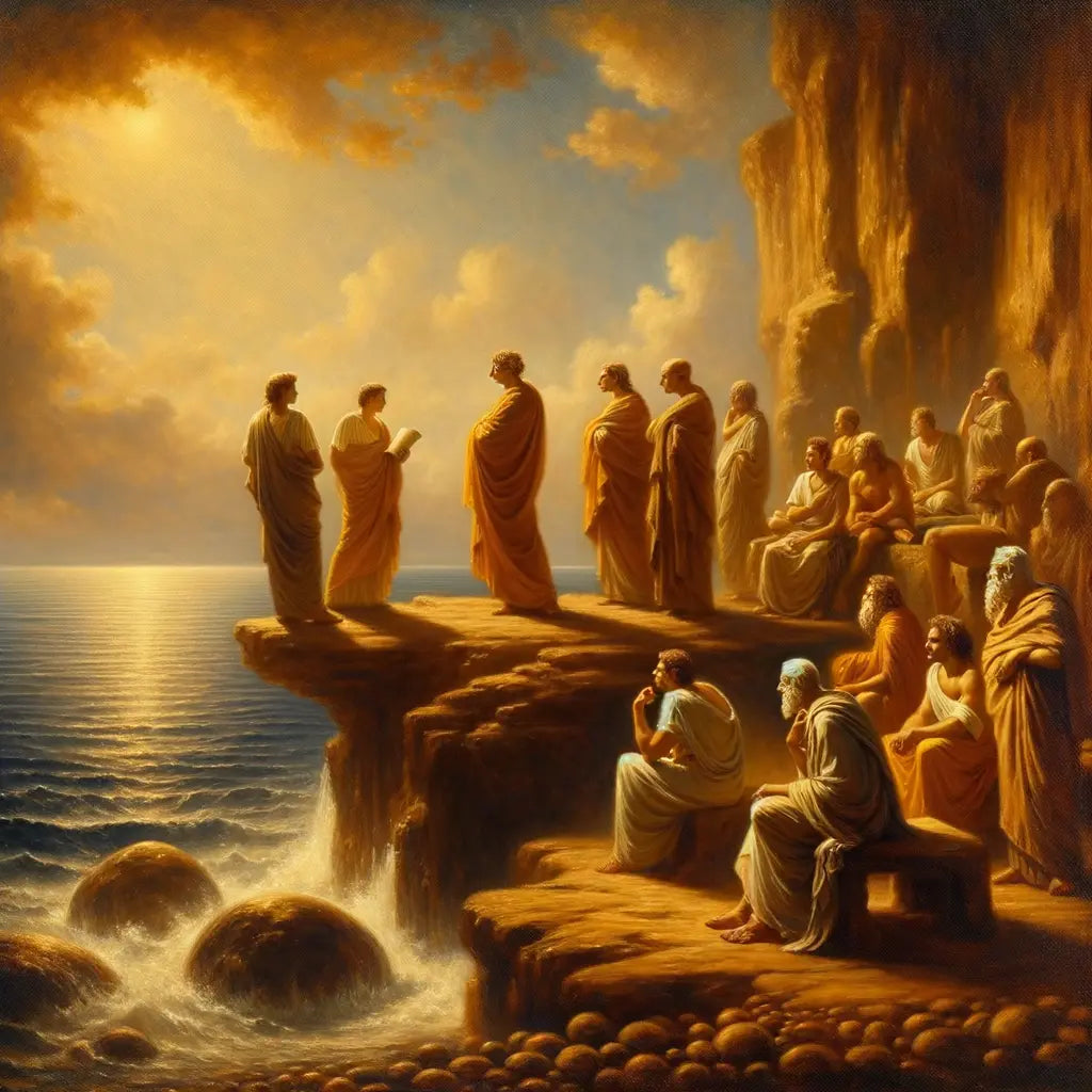 Roman philosophers clad in togas, standing on a rocky shore with scrolls in hand, overlooking a tranquil sea, reflecting on Stoic wisdom in the style of 1960s historical epics.