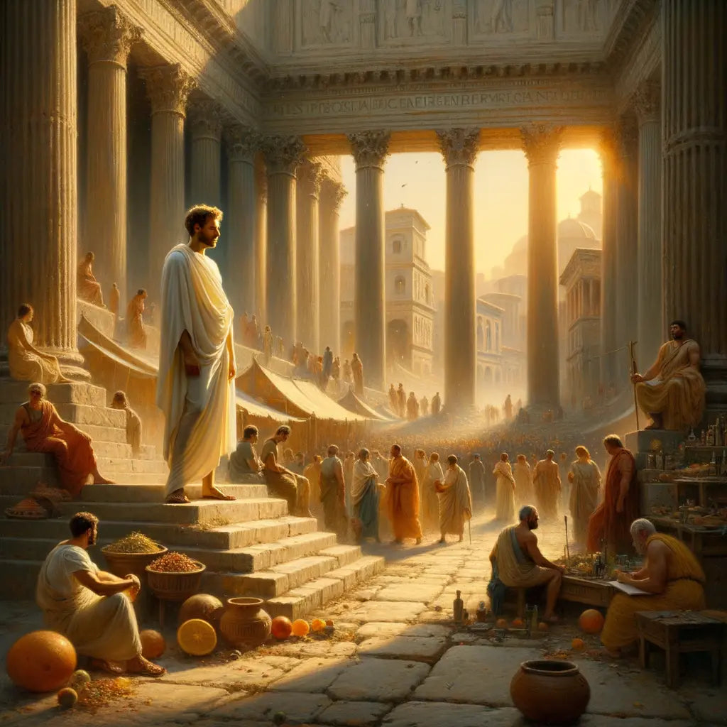 Calm Roman philosopher amidst busy forum, epitome of stoicism, inspired by 1960s historical epic films.