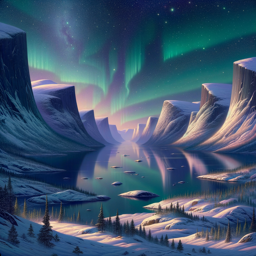 Nordic landscape with snow-covered fjords and vibrant aurora borealis at night, capturing a scenic winter view.