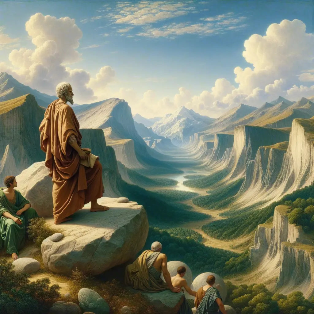 Serene scene of Roman philosophers atop a mountain, gazing over distant landscapes, reflecting tranquility and clarity, inspired by 1960s historical epics.