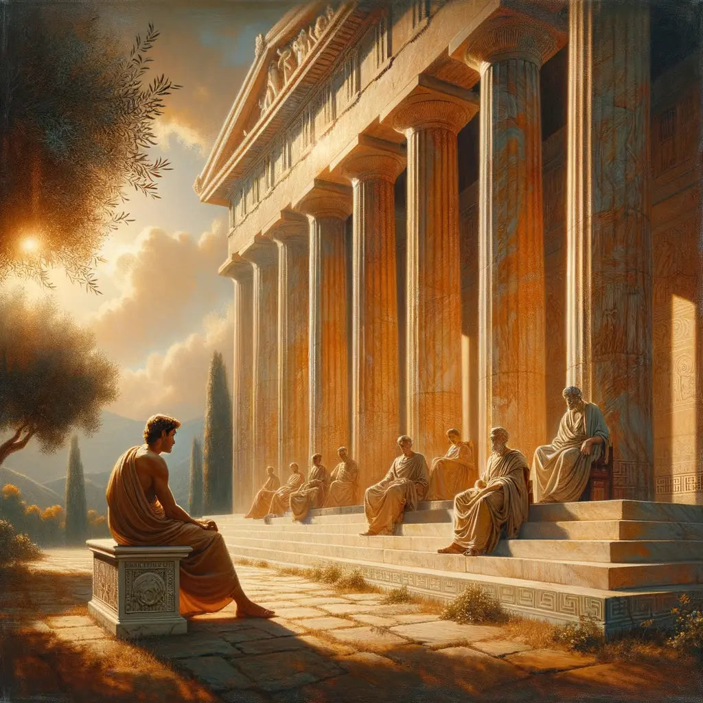 An ancient Greek philosopher seated on a marble bench in a classical setting, reflecting stoic wisdom, inspired by the style of 1960s historical films.