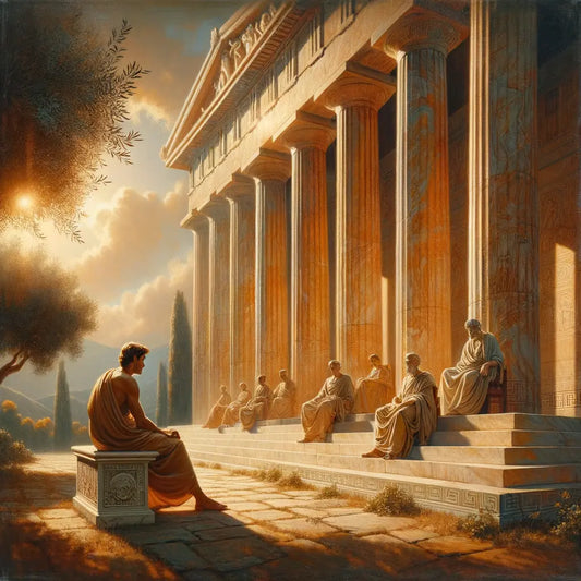 An ancient Greek philosopher seated on a marble bench in a classical setting, reflecting stoic wisdom, inspired by the style of 1960s historical films.