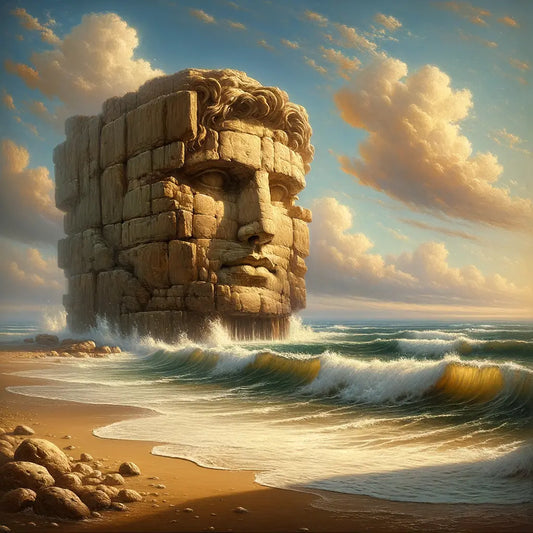 A serene shoreline with gentle waves hitting a sturdy rock, symbolizing resilience, in a style inspired by 1960s historical epics.