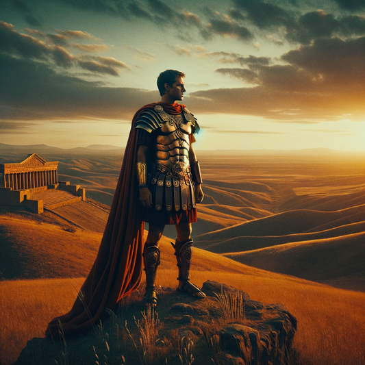 Roman warrior standing on a hilltop at sunset, embodying stoic philosophy with hints of ancient Greek influences, styled like a 1960s historical epic.
