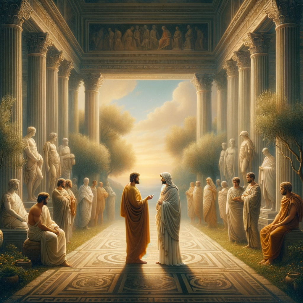 Marcus Aurelius meets a spiritual leader in an ancient Roman setting, symbolizing the intersection of Stoic and Christian teachings, painted in a 1960s historical epic style.