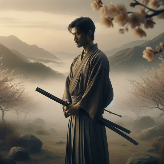 Ein einsamer Samurai hält ruhig ein Katana in einer traditionellen japanischen Kulisse mit Bergen und Kirschblüten im Hintergrund.