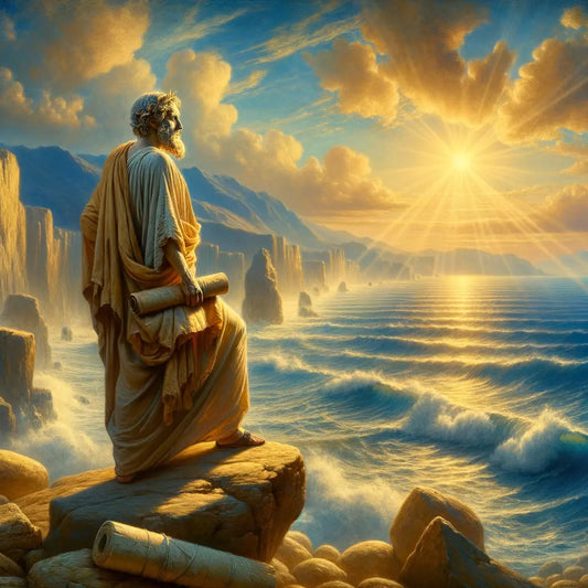 An ancient Roman philosopher in a toga facing the serene sea, symbolizing stoic acceptance of death, painted in a cinematic 1960s historical film style.