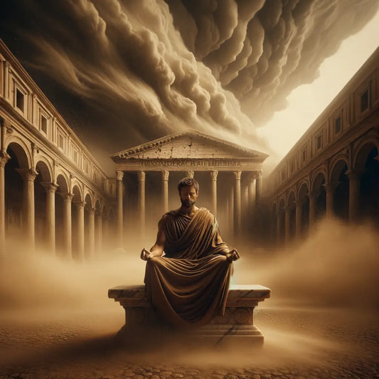 A serene ancient Roman emperor meditates amidst a chaotic storm, embodying stoic calmness in a scene styled like a 1960s historical epic.