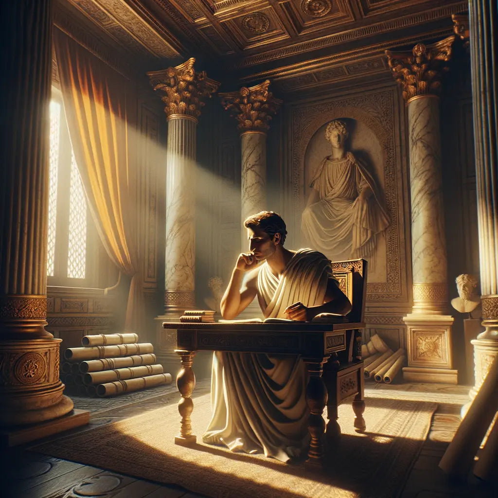 A toga-clad philosopher in a serene Roman study, surrounded by scrolls and philosophical texts, with warm sunlight filtering through, capturing the introspective spirit of Marcus Aurelius.