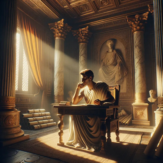 A toga-clad philosopher in a serene Roman study, surrounded by scrolls and philosophical texts, with warm sunlight filtering through, capturing the introspective spirit of Marcus Aurelius.