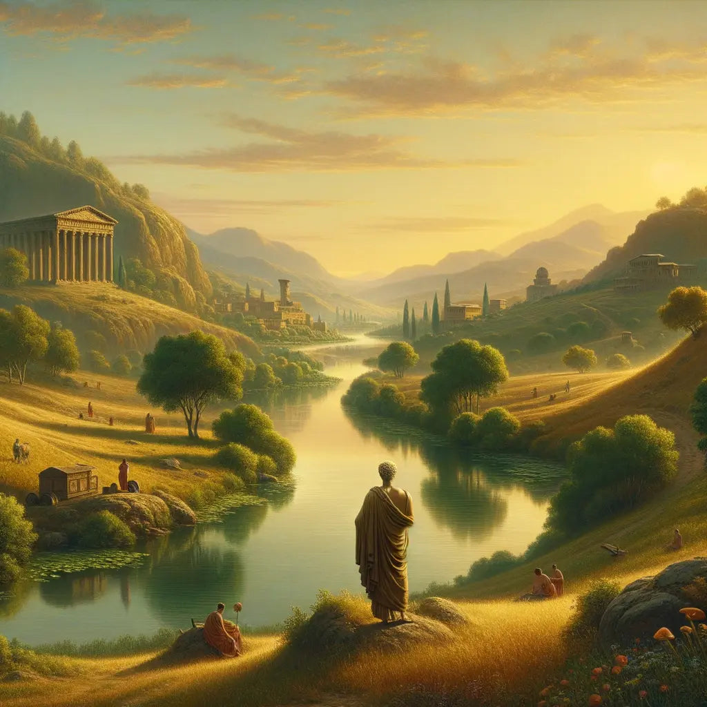 A serene landscape of a river flowing through the Roman countryside with Marcus Aurelius in contemplation, inspired by 1960s historical epics.
