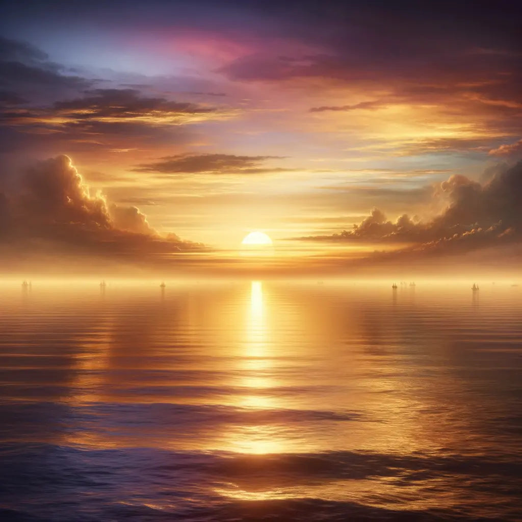Serene ocean sunset with warm colors and calm waters, inspired by 1960s epic film style.