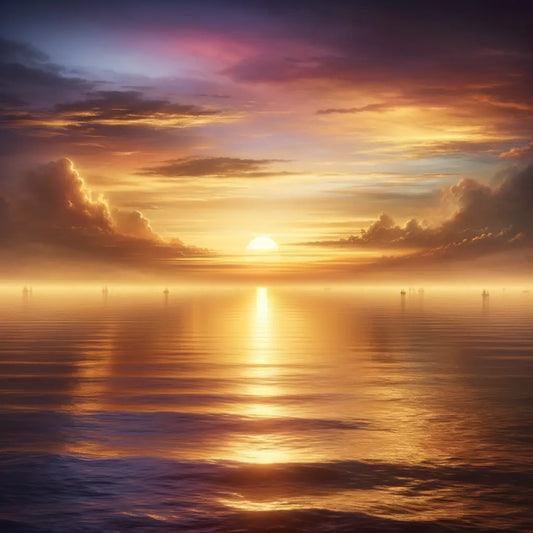 Serene ocean sunset with warm colors and calm waters, inspired by 1960s epic film style.
