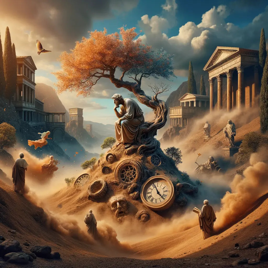 Philosopher in Roman toga amidst serene landscapes with cycles of nature and ancient clocks, inspired by Nietzschean philosophy.