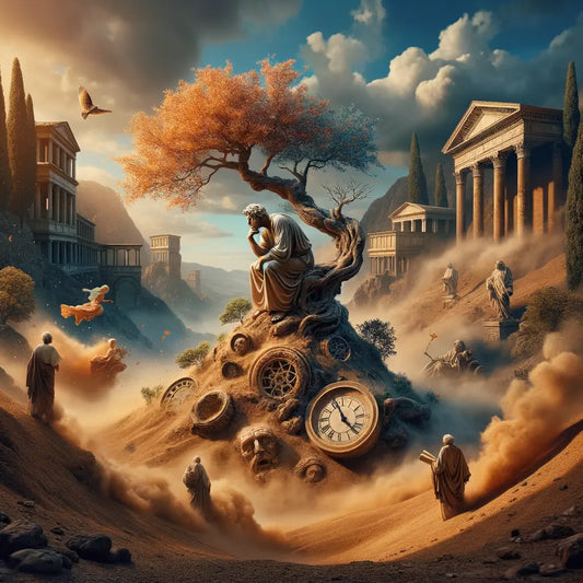 Philosopher in Roman toga amidst serene landscapes with cycles of nature and ancient clocks, inspired by Nietzschean philosophy.
