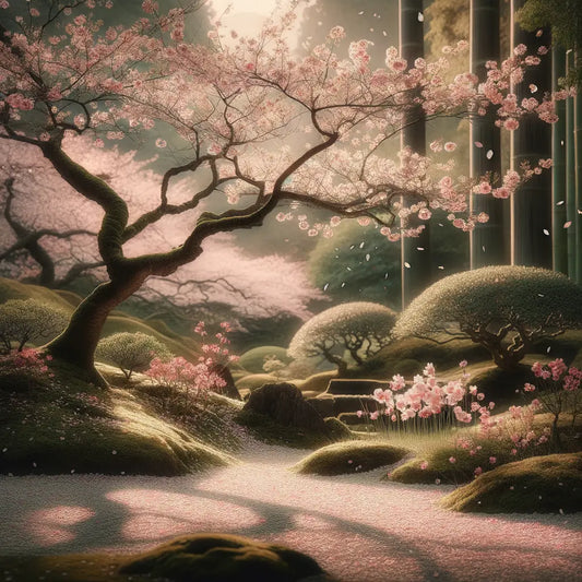 Ein friedlicher japanischer Garten mit herabfallenden Kirschblütenblättern, die einen zarten, rosa Blumenteppich bilden.