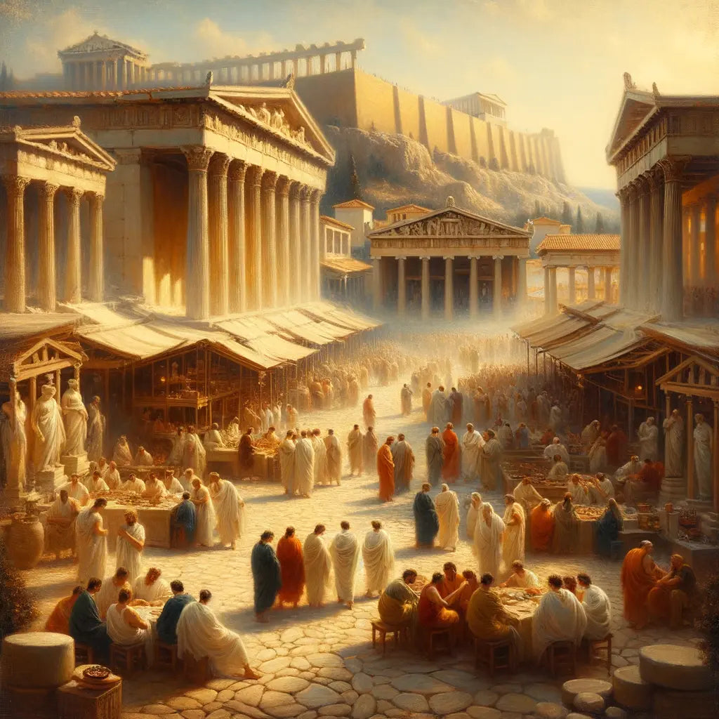 Philosophers in an ancient Athenian marketplace, surrounded by iconic architecture, in a style reminiscent of 1960s historical films.