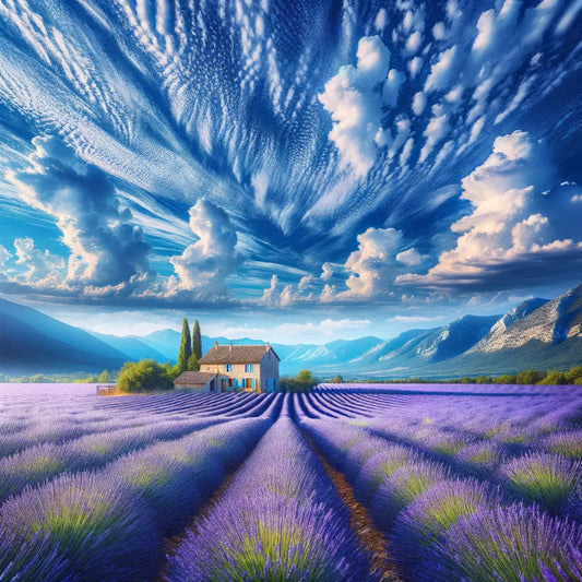 A picturesque view of a lavender field with a farmhouse and mountains in the distance.