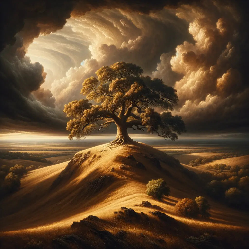 A solitary oak tree stands resilient against a dramatic stormy sky, symbolizing stoicism, captured in a cinematic historical epic style.
