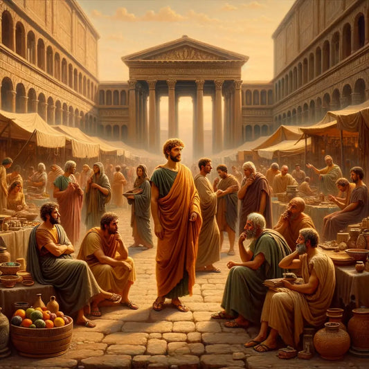 A serene philosopher in an ancient Roman marketplace, portrayed in a 1960s historical epic style.