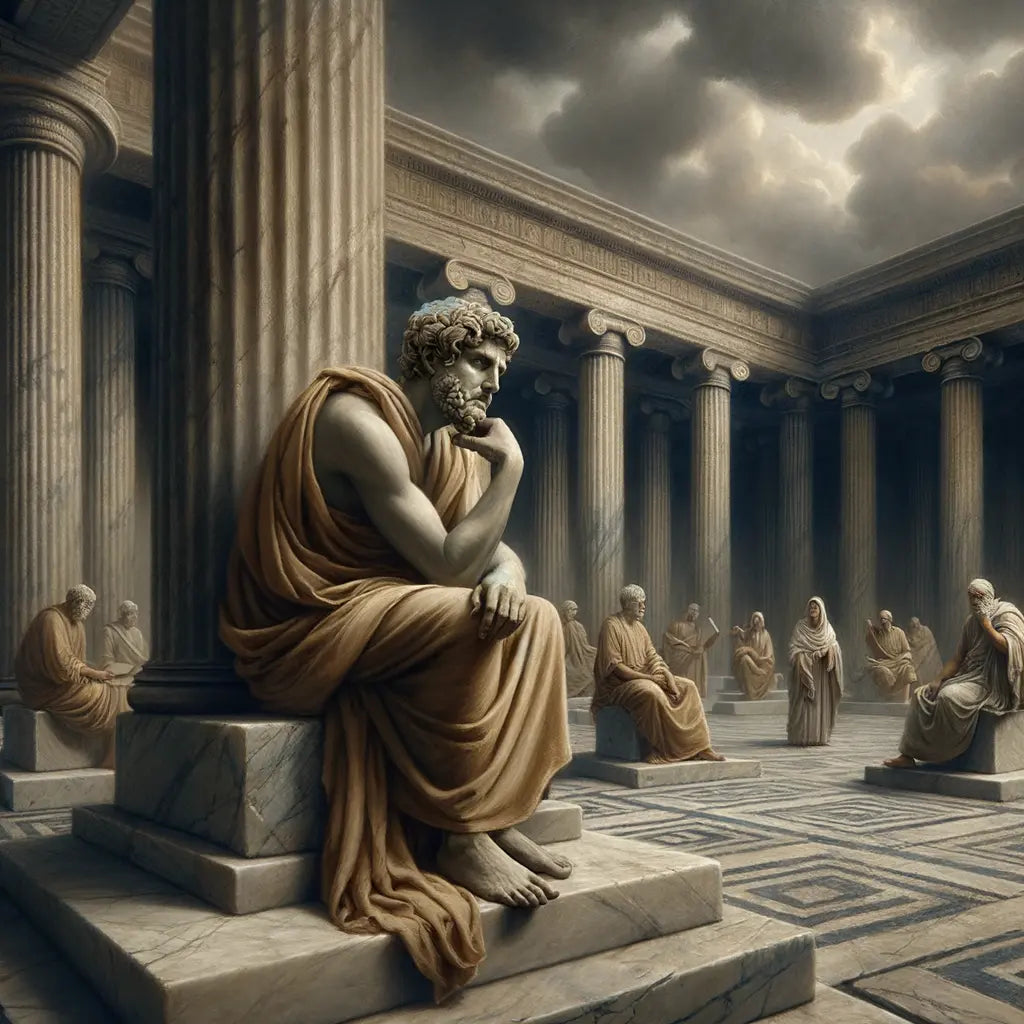 A Greek philosopher in a classical forum practicing stoicism, with a grey cloudy sky above, evoking a sense of ancient introspection.