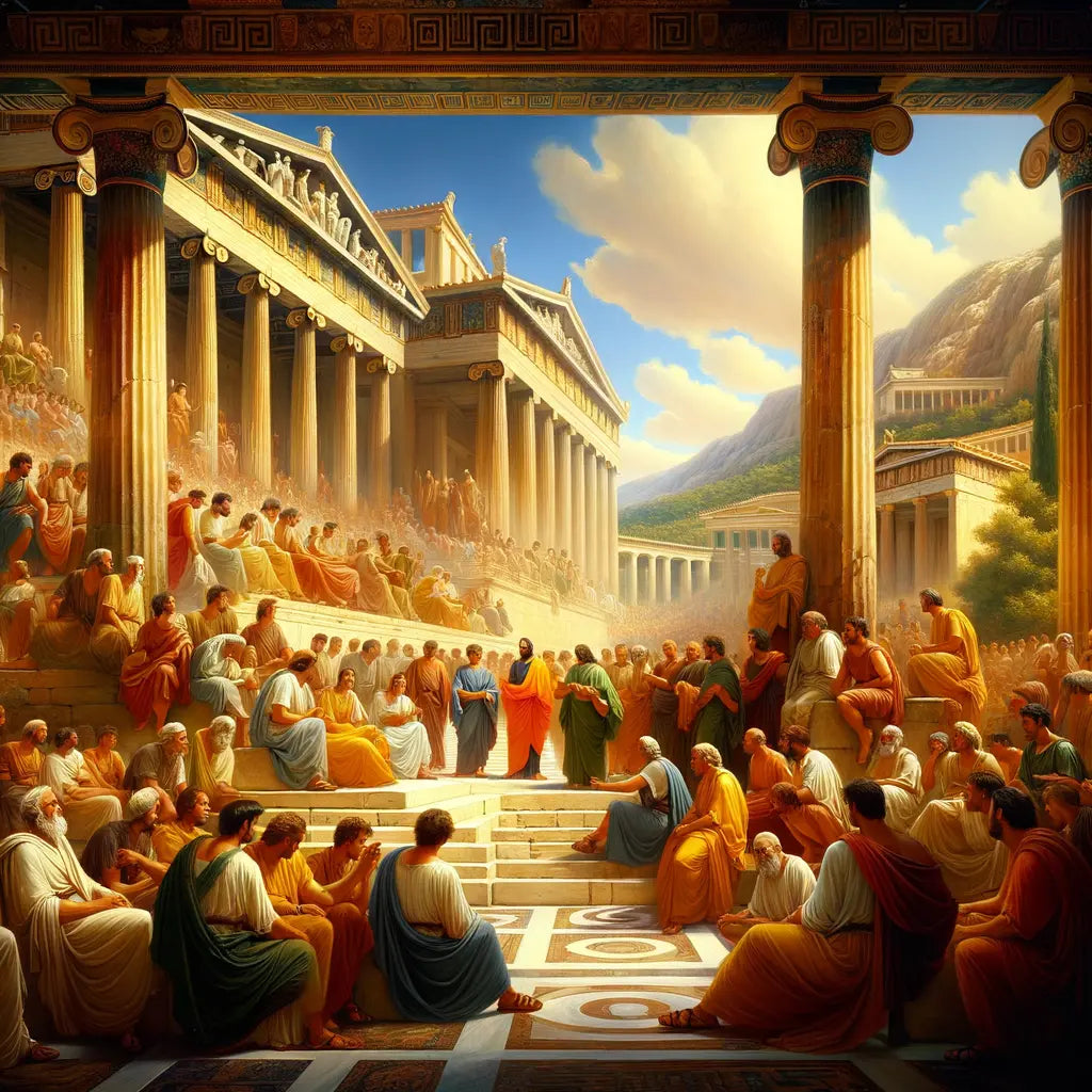 Philosophers in ancient Athens' Agora discuss Stoic concepts, with Hellenistic architecture in a cinematic style inspired by 1960s historical films.