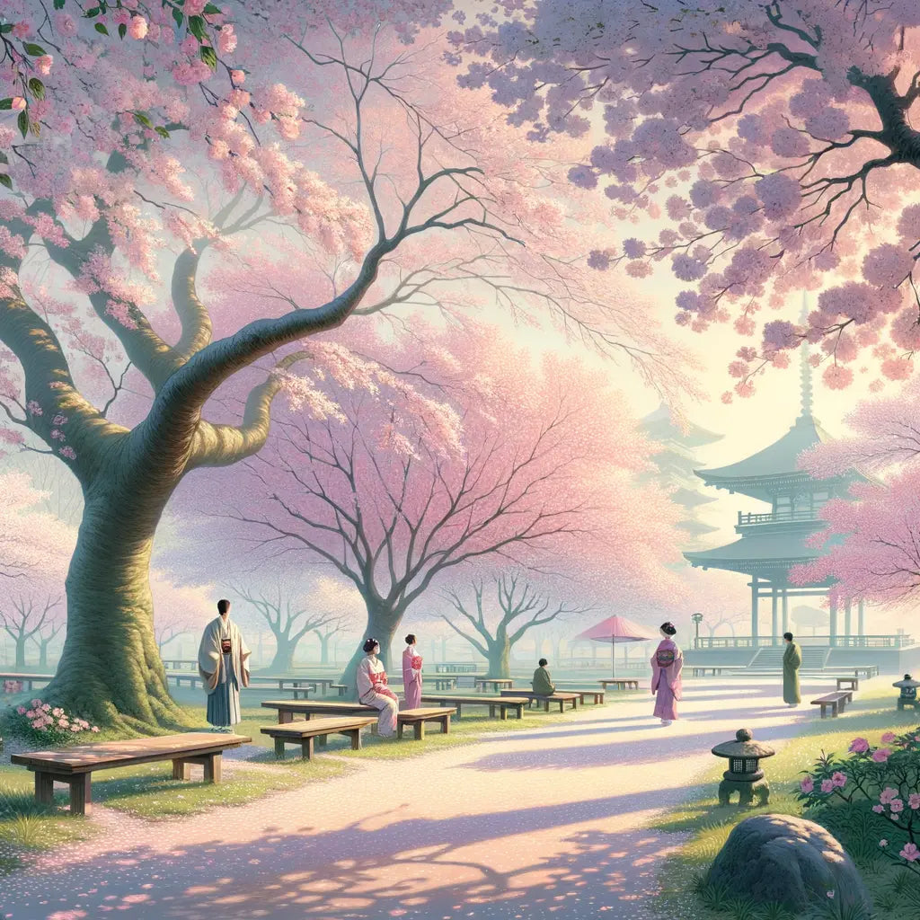 Ein ruhiger Kirschblütenpark im Frühling, mit sanft fallenden Blütenblättern und Menschen, die die Hanami-Tradition genießen – minimalistisch und kulturell inspiriert.