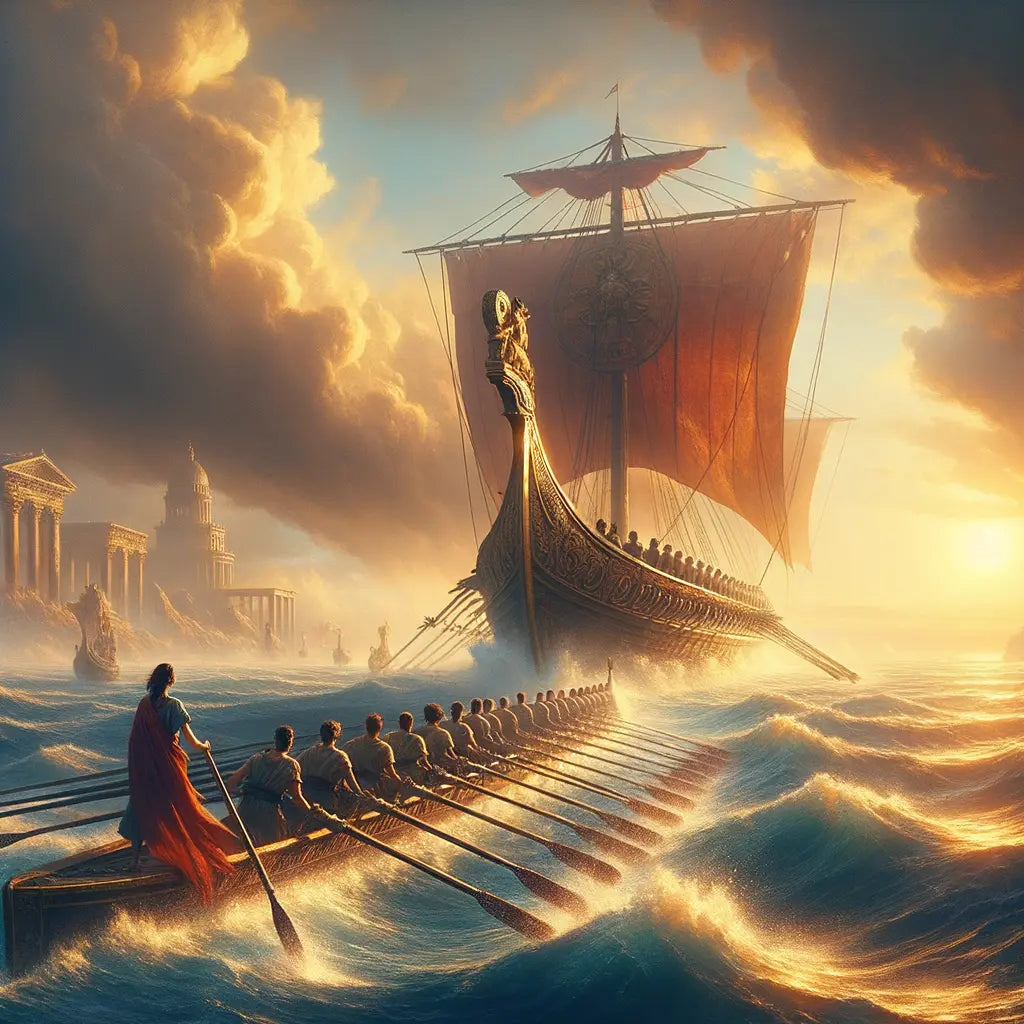 A Roman trireme navigates the Mediterranean waters during sunset, led by a commanding officer, inspired by classic 1960s historical epics.
