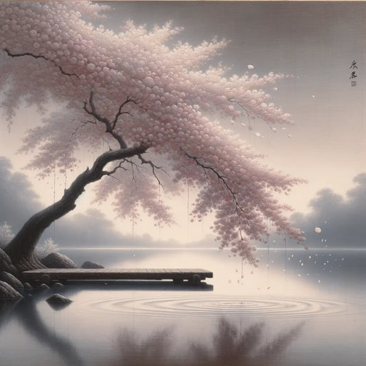 Ein minimalistisches Bild von blühenden Kirschblüten an einem traditionellen japanischen Frühlingsfest, mit einer ruhigen Atmosphäre und sanften Farben.