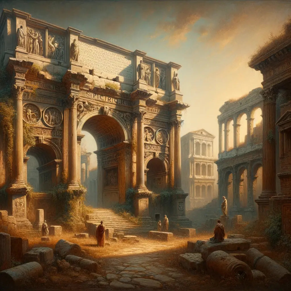 Ancient Roman ruins with SPQR inscription on stone, in the style of 1960s historical epics, capturing Roman legacy.