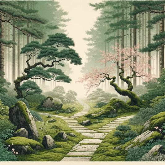 In einem stillen, grünen Wald gabelt sich ein moosbewachsener Pfad im Morgennebel, inspiriert von traditioneller japanischer Kunst.