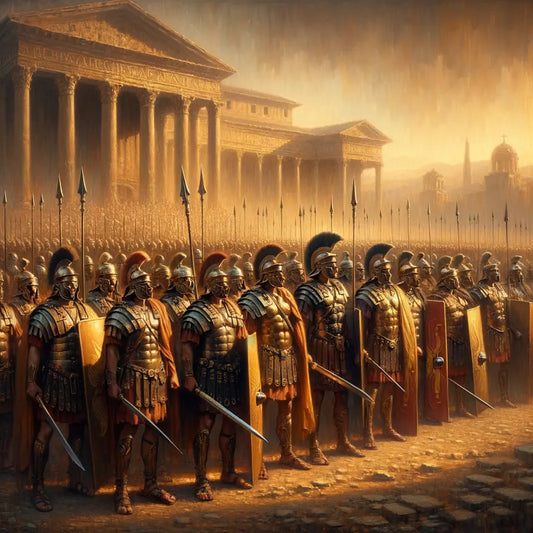 Roman legionaries in formation, showcasing camaraderie and iconic military equipment under a glowing sun in a style reminiscent of 1960s historical epic films.