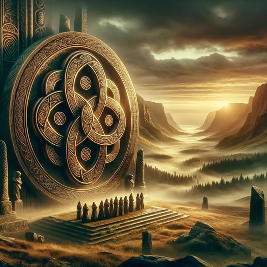 Celtic knot design set against an ancient European landscape, embodying eternity and interconnectedness, in the style of 1960s historical epic films.
