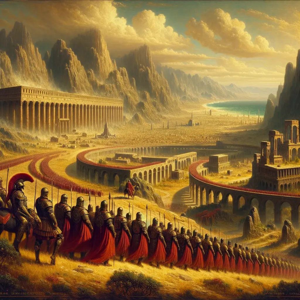 Panoramic view of the Roman Empire with soldiers and ancient architecture, inspired by classic 1960s historical films.