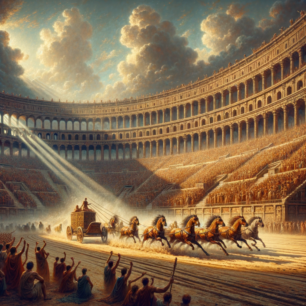 Spectators cheer as chariots race at the Circus Maximus, showcasing ancient Roman grandeur in a 1960s cinematic style.