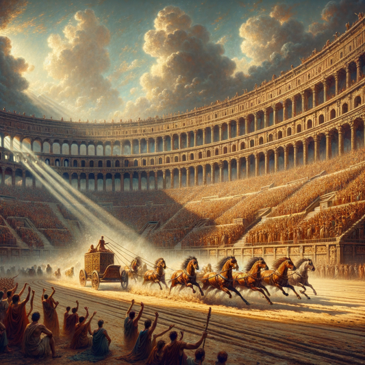 Spectators cheer as chariots race at the Circus Maximus, showcasing ancient Roman grandeur in a 1960s cinematic style.