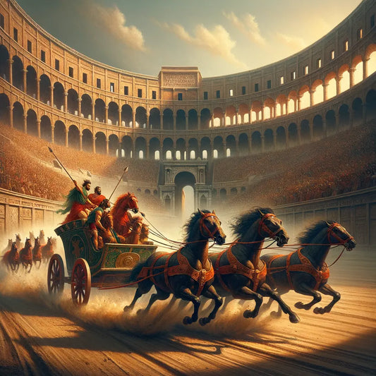 Epic depiction of a Roman chariot race at Circus Maximus, with racing chariots, a cheering crowd, and dust clouds, styled like 1960s historical films.
