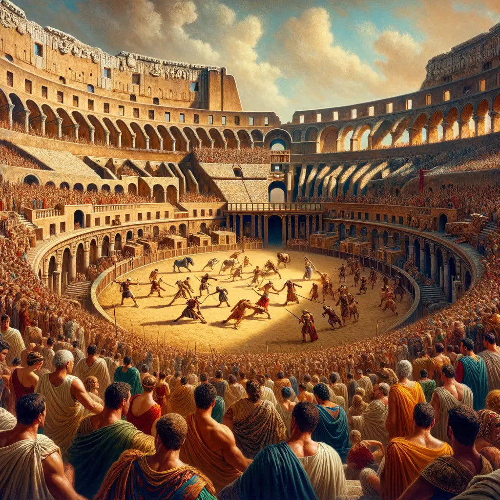 A cinematic view of the Colosseum filled with Roman spectators watching gladiators, surrounded by ancient architecture, in a style reminiscent of 1960s historical films.