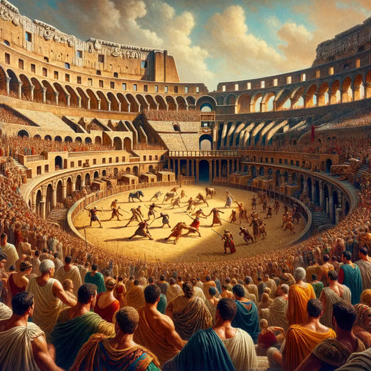 A cinematic view of the Colosseum filled with Roman spectators watching gladiators, surrounded by ancient architecture, in a style reminiscent of 1960s historical films.