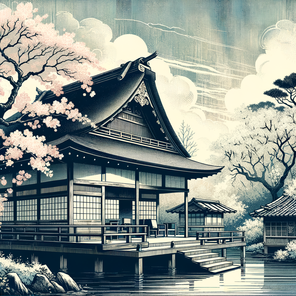 A tranquil Japanese tea house amidst pink cherry blossoms.