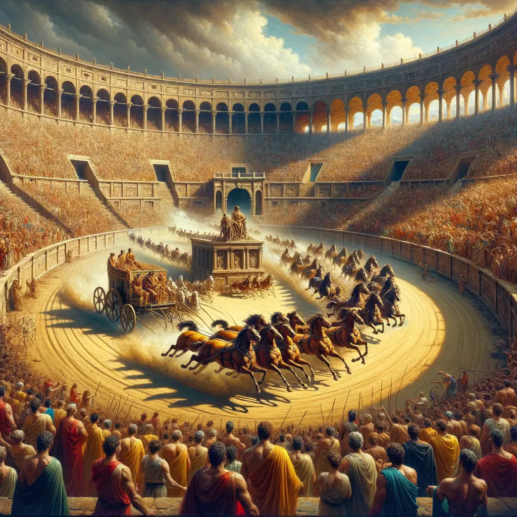 Circus Maximus filled with spectators and chariots during a race, showcasing the grandeur of Roman architecture, inspired by 1960s historical film style.