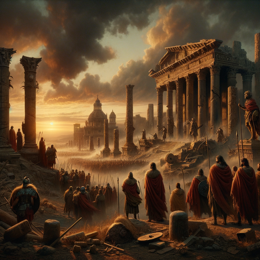 A dramatic painting showing the fall of the Roman Empire, with Visigoth warriors amid Roman ruins and a distant, deposed emperor, styled after 1960s historical epics.