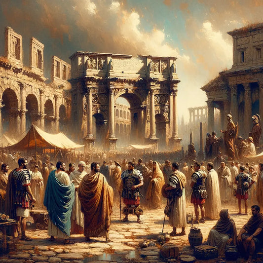 A symbolic scene depicting the downfall of the Roman Empire with crumbling architecture and weary soldiers in a grand, cinematic style reminiscent of 1960s historical epics.