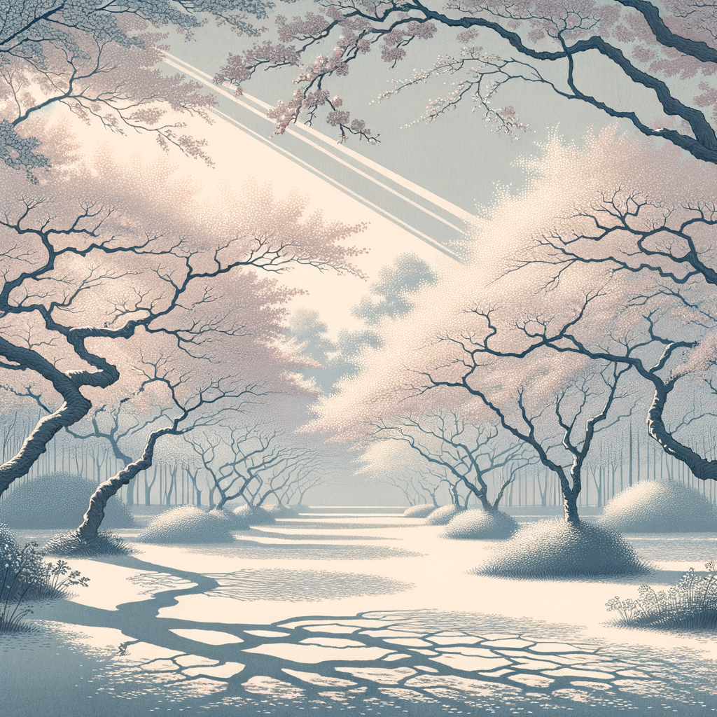 Ein ruhiger Park mit blühenden Kirschblüten, durch die sanftes Sonnenlicht fällt — minimalistisch und kulturell inspiriert.