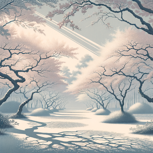 Ein ruhiger Park mit blühenden Kirschblüten, durch die sanftes Sonnenlicht fällt — minimalistisch und kulturell inspiriert.