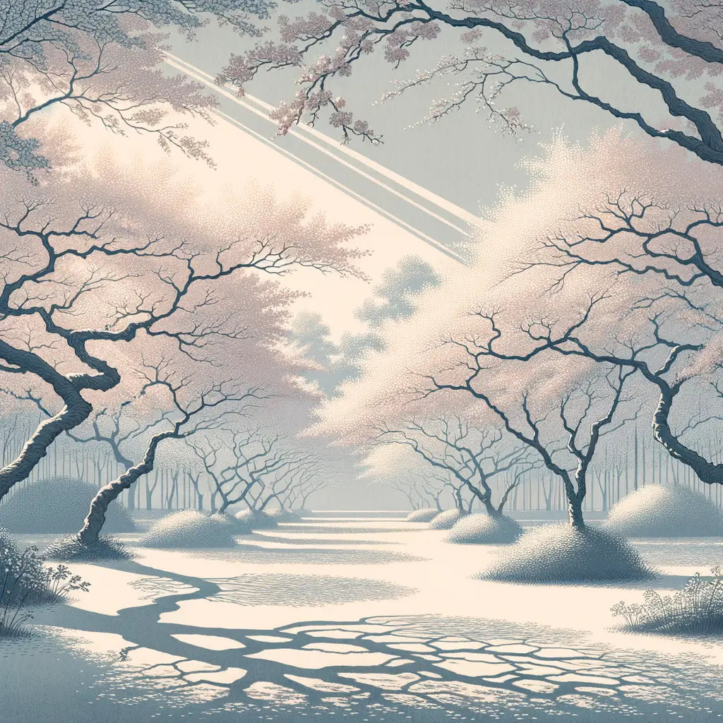 Ein ruhiger Park mit blühenden Kirschblüten, durch die sanftes Sonnenlicht fällt — minimalistisch und kulturell inspiriert.