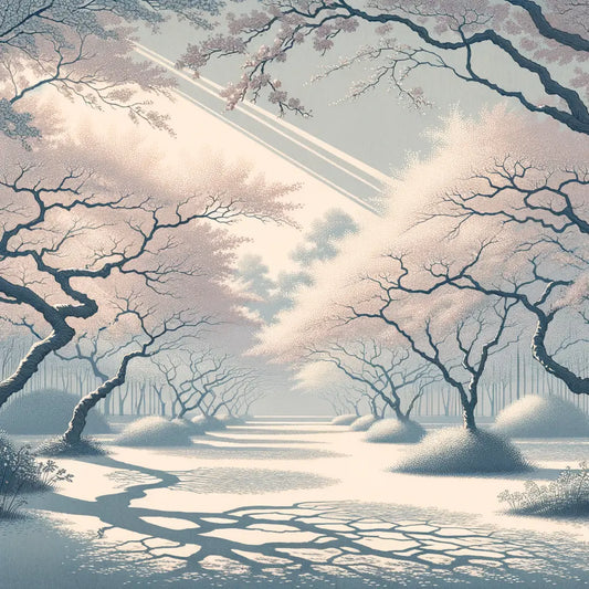 Ein ruhiger Park mit blühenden Kirschblüten, durch die sanftes Sonnenlicht fällt — minimalistisch und kulturell inspiriert.