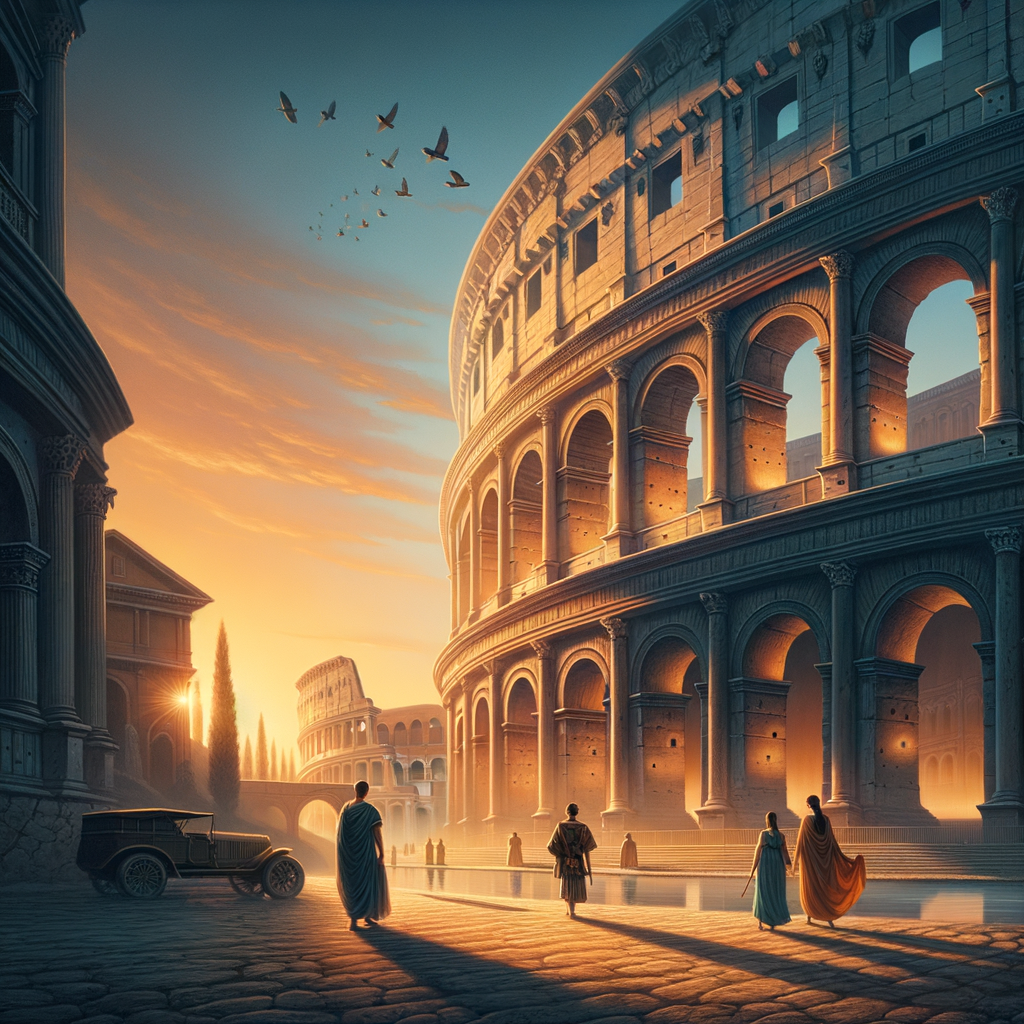 The ancient Colosseum glowing with a warm golden sunset, capturing a serene and harmonious atmosphere, styled like a classic 1960s historical film.
