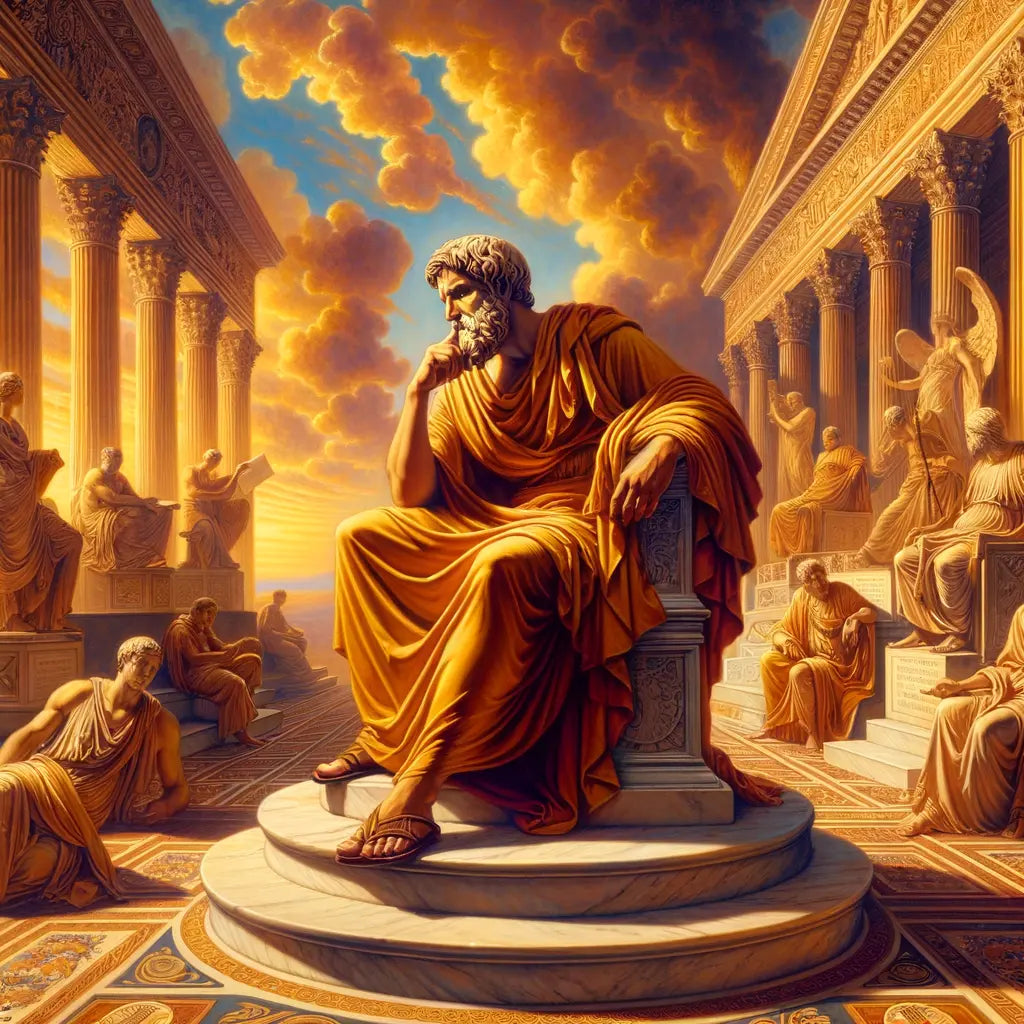 Marcus Aurelius contemplating in an ancient Roman setting, surrounded by symbols of Stoicism and Roman gods, styled after classic 1960s historical films.