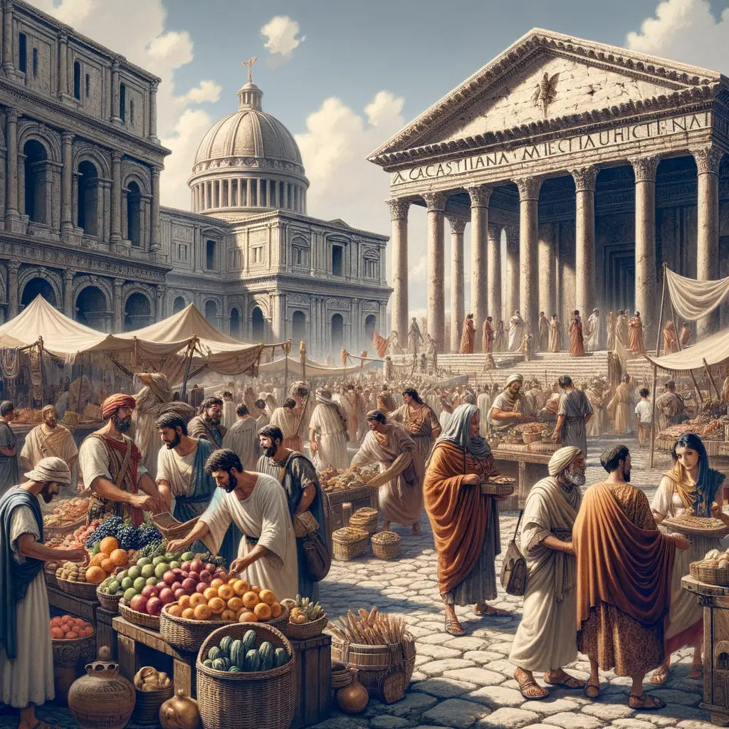 A vibrant depiction of everyday life in a Roman marketplace.